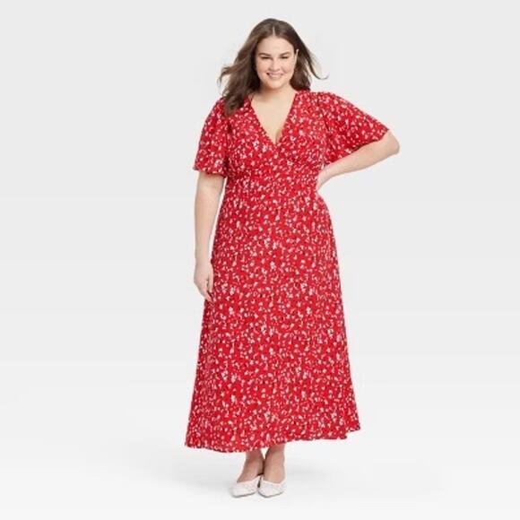 A New Day EUC Women's Short Sleeve Maxi Sundress Red Floral Size 17 - Picture 1 of 8